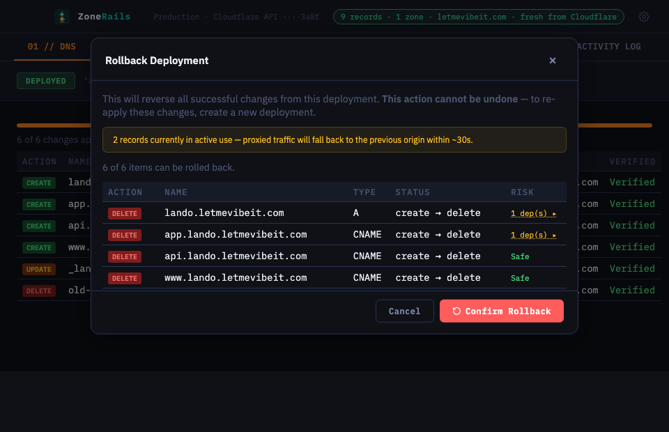 Rollback deployment modal